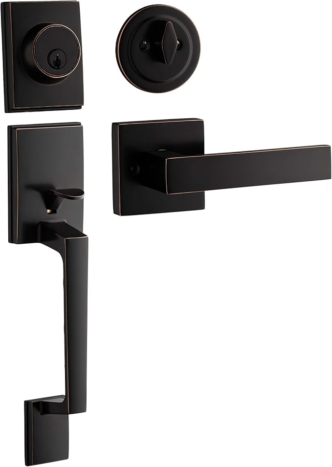 Berlin Modisch Single Cylinder HandleSet with Lever Door Handle (for Entrance and Front Door) Reversible for Right and Left Handed and a Single Cylinder deadbolt Handle Set Oil Rubbed Bronze Finish