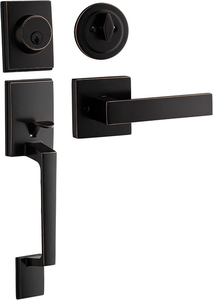 Berlin Modisch Single Cylinder HandleSet with Lever Door Handle (for Entrance and Front Door) Reversible for Right and Left Handed and a Single Cylinder deadbolt Handle Set Oil Rubbed Bronze Finish