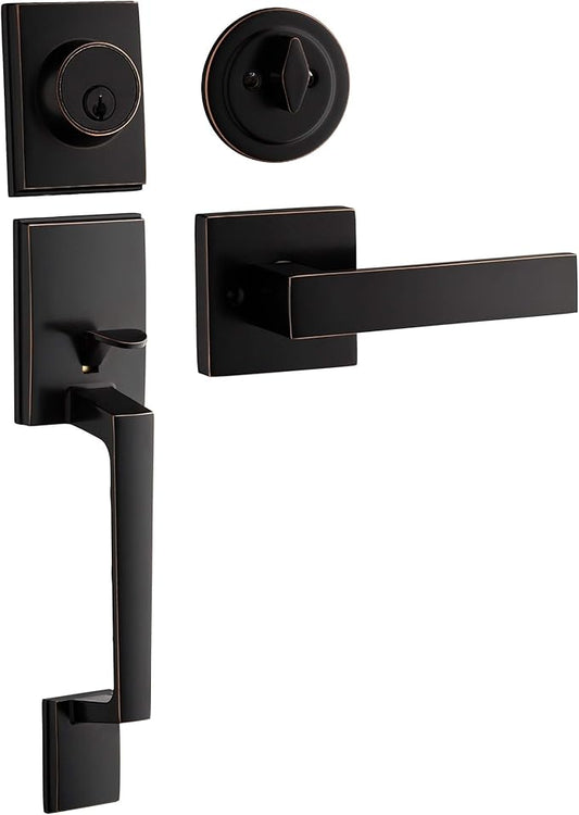 Berlin Modisch Single Cylinder HandleSet with Lever Door Handle (for Entrance and Front Door) Reversible for Right and Left Handed and a Single Cylinder deadbolt Handle Set Oil Rubbed Bronze Finish
