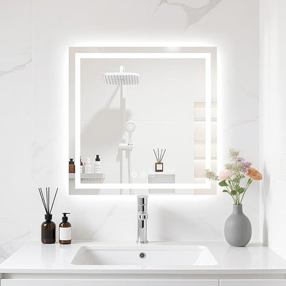 24X24 LED Bathroom Mirror with Lights, Anti-Fog, Backlit + Front Lit (CRI>90), Lighted Bathroom Vanity Mirror for Wall, Memory Function, Dimmable, Tempered Glass, Shatter-Proof