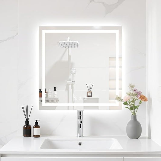 24X24 LED Bathroom Mirror with Lights, Anti-Fog, Backlit + Front Lit (CRI>90), Lighted Bathroom Vanity Mirror for Wall, Memory Function, Dimmable, Tempered Glass, Shatter-Proof