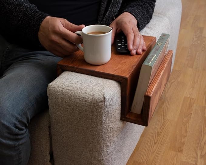 Wooden Couch Arm Tray – Sofa Armrest Table with Book & Magazine Holder, Perfect for Coffee & Remote Control, Solid Wood (Paris)