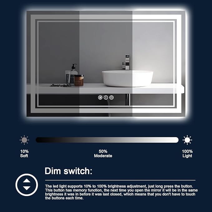 88x38 Inch LED Bathroom Mirror with Lights, Backlit and Front Lighted Bathroom Mirrors for Wall, Anti-Fog Dimmable Memory Shatterproof LED Vanity Mirror for Bathroom