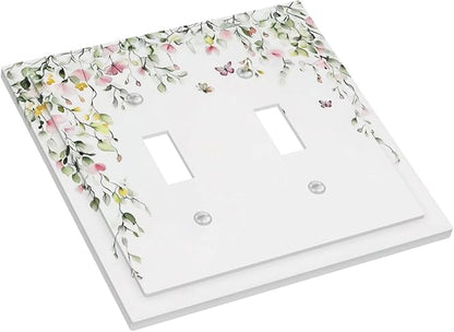 Watercolor Flowers Vine Colorful Butterfly Floral Decorative Switch Plates 2 Gang Double Toggle Outlet Light Switch Cover Wall Plate Electrical Faceplate For Bed Room Living Room Decor