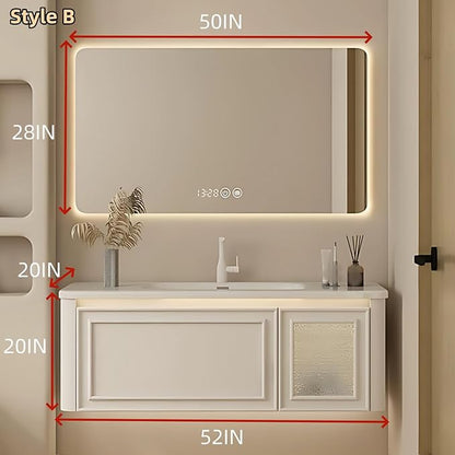 52IN Wall Mounted Bathroom Vanity Set - Wood Bathroom Vanities has Tissue Hole Design | Includes Smart Defogging Mirror Cabinet & Time Display, Rounded Corners, Glass Cabinet Doors (Style B)