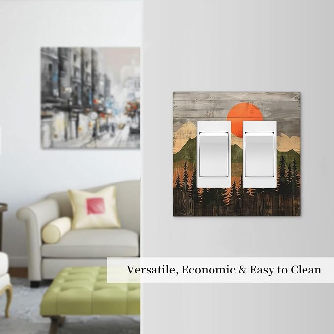 Decorative Outlet Covers Vintage Wood Grain Sun Forest Mountains 2 Gang Double GFCI Rocker Electrical Wall Panels Light Switch Cover Plate for Farmhouse Cabin Decor