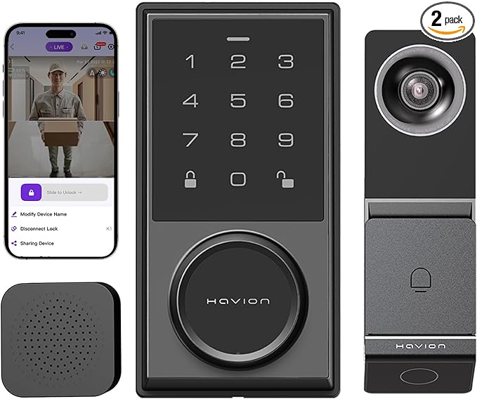 Wireless Video Doorbell w/ Smart Lock Set - Incl. Chime, Dual Cameras, 5MP 3K QHD, 2'' Screen & 32GB eMMC, Motion Detection & Real-time Alert, 2-way Audio, Door Bell and Keyless Entry Front Door Lock