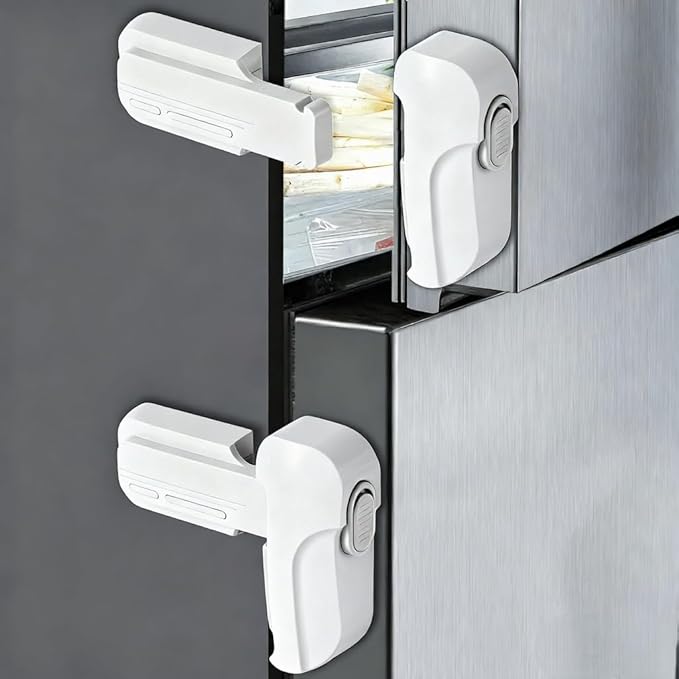 Fridge Locks for Kids - Fridge Lock & Refrigerator Lock, 2-Pack Dual Mode Child Proof Safety Lock, No-Drill 2 Extra Adhesive Freezer Lock & Freezer Door Latches to Keep Toddlers Safe (White)