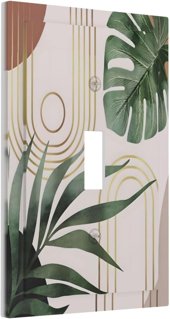 Decorative Light Switch Plate Covers Boho Mid Century Arch Green Leaves 1 Gang Light Switch Cover Plate Single Toggle Wall Plate Outlet Covers Faceplate for Bedroom Decor （ 2 Pack）