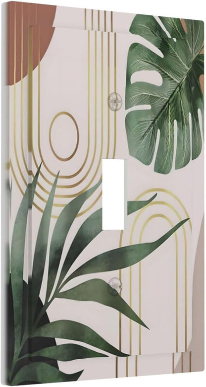 Decorative Light Switch Plate Covers Boho Mid Century Arch Green Leaves 1 Gang Light Switch Cover Plate Single Toggle Wall Plate Outlet Covers Faceplate for Bedroom Decor （ 2 Pack）