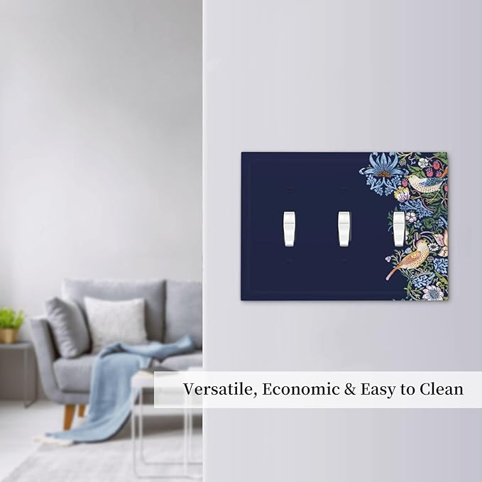 Decorative Light Switch Cover Plate Vintage Blue Morris Strawberry Thief Bird Flower 3 Gang Wall Plate Oversized Triple Toggle Switch Cover Plate Jumbo Faceplate