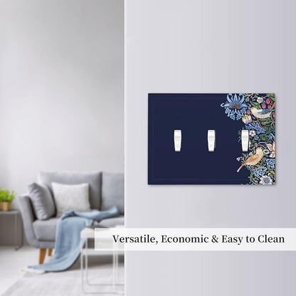 Decorative Light Switch Cover Plate Vintage Blue Morris Strawberry Thief Bird Flower 3 Gang Wall Plate Oversized Triple Toggle Switch Cover Plate Jumbo Faceplate