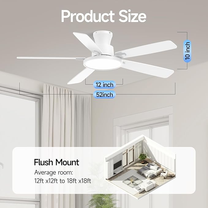 Ceiling Fans with Lights,52 inch,Nightlight,Quiet,Reversible Motor,6 Speeds,Timer, Low Profile Ceiling Fan for Bedroom,Living Room,Indoor/Outdoor Use(White)