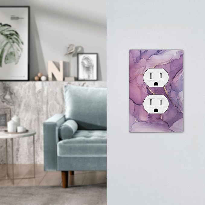 Outlet Covers Purple Marbling Golden Line 1 Gang Duplex Wall Plate Decorative Switch Plates Electrical Receptacle Faceplate Light Switch Cover for living Room Bathroom Decor