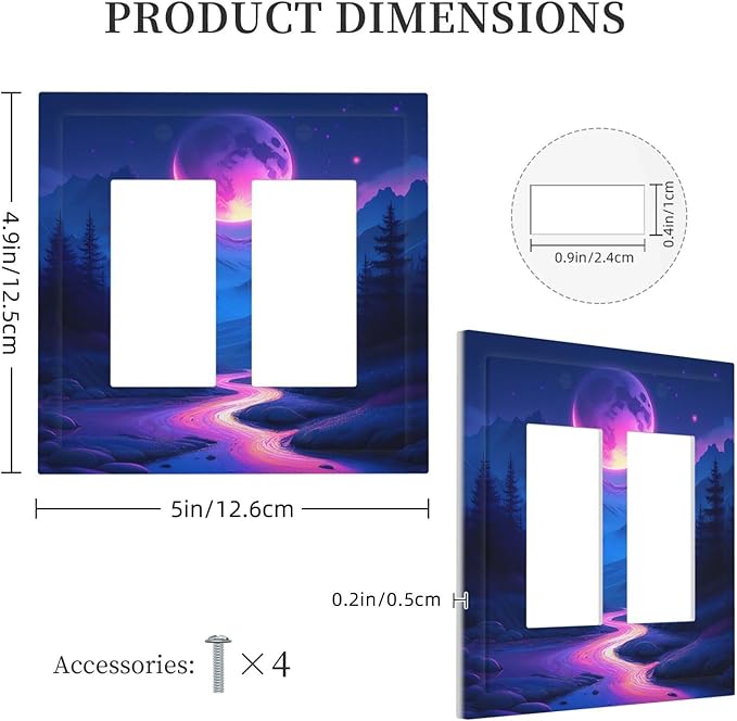 Purple Cyberpunk River Full Moon Mountain Forest Decorative Outlet Covers 2 Gang Double GFCI Rocker Light Switch Cover Plate Electrical Wall Panels for Bedroom Bathroom Decor