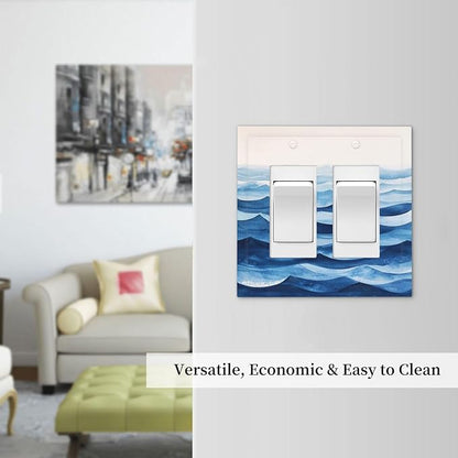 Decorative Outlet Covers Blue Watercolor Textured Abstract Ocean Wave 2 Gang Double Rocker Light Switch Cover Plate Electrical Switch Plate Cover Decorate GFCI Wall Plate for Bedroom living Room Decor
