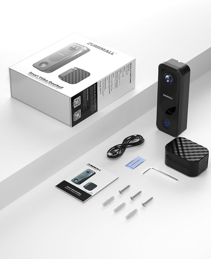 ZUMIMALL Doorbell Camera Wireless No Subscription - 2K Video Doorbell with Chime, 2 Way Audio, Anti-Theft, PIR Human/AI Detection, Local/Cloud Storage, 2.4GHz WiFi, Battery Powered, Work with Alexa
