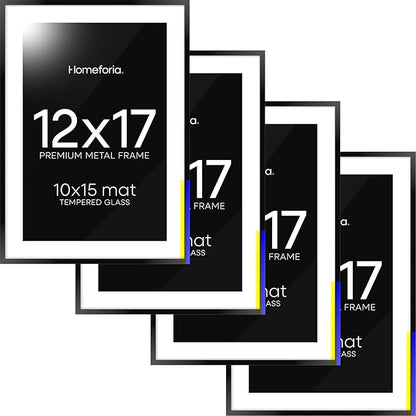 Homeforia 12x17 Picture Frame Black, High End Metal 12x17 Poster Frames with Mat 10x15 for Photo, 12 x 17 Black Frame Matted to 10 x 15 inch Print, 17x12 Thin Frame, Tempered Glass, Wall Kit, Set of 4
