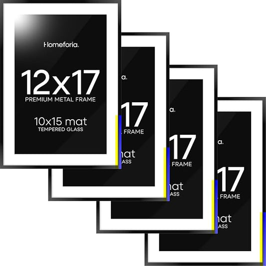 Homeforia 12x17 Picture Frame Black, High End Metal 12x17 Poster Frames with Mat 10x15 for Photo, 12 x 17 Black Frame Matted to 10 x 15 inch Print, 17x12 Thin Frame, Tempered Glass, Wall Kit, Set of 4