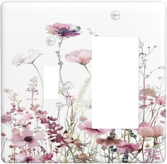 Floral Pink Watercolor Wildflowers Plant Flower Outlet Covers 1 Toggle 1 Rocker Combination Decorative Wall Plate Electrical Switch Plates Light Switch Cover Plate for Bedroom Living Room Decor
