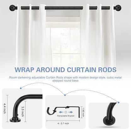 Black Wrap Around Curtain Rods 28 to 60 Inch:Blackout Heavy duty Adjustable Window Curtain Rod for Bedroom,Industrial Darkening Curved French Metal Single Drapery Rods Easy Install,Matte Black