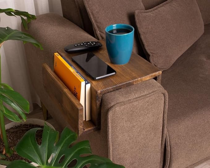 Wooden Couch Arm Tray – Sofa Armrest Table with Book & Magazine Holder, Perfect for Coffee & Remote Control, Solid Wood (Vancouver)