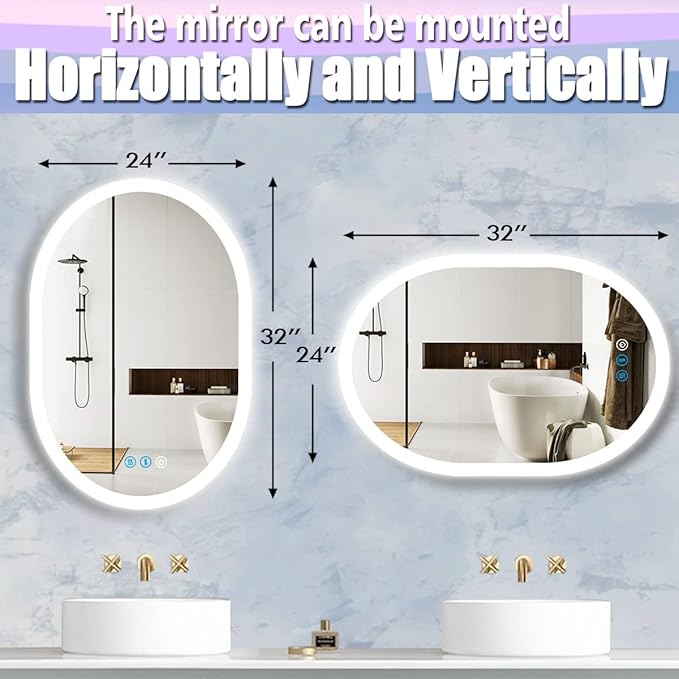 32 x 24 Inch Oval Backlit Mirror 3 Color Adjustable Brightness Backlits Oval Lighted Vanity Mirror for Bathroom Wall Horizontal Vertical Mount Antifog 32" Frameless LED Backlit Ovals Mirrors