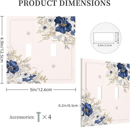 Decorative Light Switch Cover Plate Rustic Blue White Flowers Floral Penoy 2 Gang Wall Plate Oversized Double Toggle Two Switch Wall Cover Plate Dual Device Face Plate