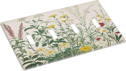 Rustic Wildflower Green Plants Daisy Floral Light Switch Covers Quad Toggle Electrical Faceplate 4 Gang Wall Plate Decorative Switch Plates For Farmhouse Bed Room Decor