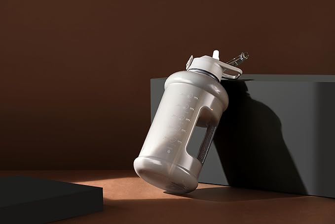 H2O Capsule INSPO Half Gallon Water Bottle with Time Marker and Straw Motivational Hydration Tracker Jug Big BPA-Free Food-Safe Leakproof Drinking Bottle Handle & Strap, Ash Gray