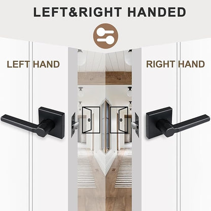 Passage Door Lever (No Lock), Heavy Duty Interior Square Handle for Hallway and Closet, Matte Black, Reversible for Right&Left Handed, 8Packs