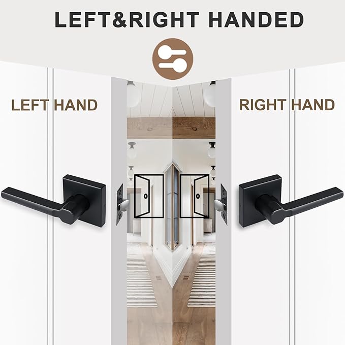 Passage Door Lever (No Lock), Heavy Duty Interior Square Handle for Hallway and Closet, Matte Black, Reversible for Right&Left Handed, 5Packs