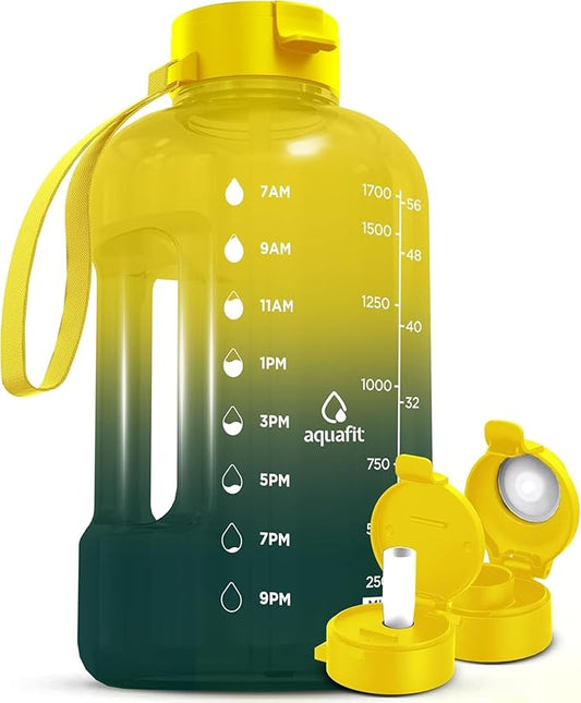 AQUAFIT 64 oz Water Bottle with Time Marker - Straw & Chug Lid - BPA Free Half Gallon Gym Water Bottle with Handle - Big Gallon Jug (Forest Fade, 64 Ounces)