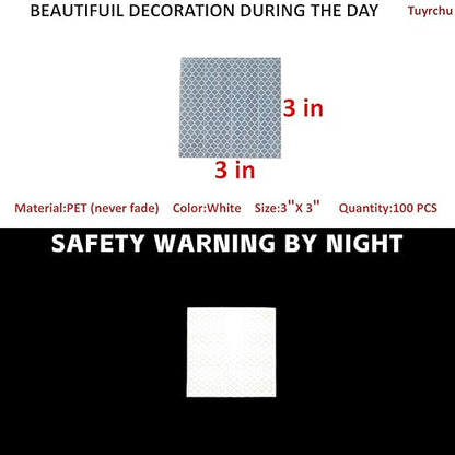 Non Fading White Reflective Stickers 3 inch X 3 inch, Outdoor Waterproof High Visibility Warning Safety Adhesive Reflector Tape (100 Pcs)