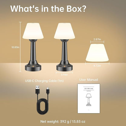 Cordless Table Lamp, Rechargeable Touch LED Lamp with 3 Color Temps & Stepless Dimming, Portable Battery Operated Light for Bathroom, Shower, Bedroom, Patio, Indoor/Outdoor Use, IP65 Waterproof