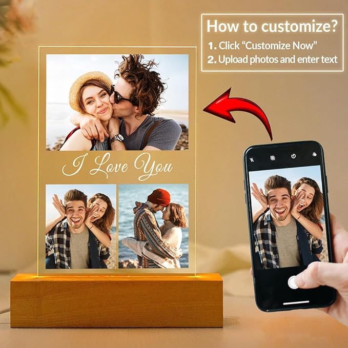 Custom Picture Frame with Photo, Personalized Photo Frames with Night Light, Customized Picture Frames, Personalized Valentines Day Gifts for Her Him Women Men Girlfriend Boyfriend Couple