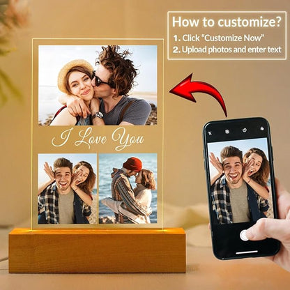 Custom Picture Frame with Photo, Personalized Photo Frames with Night Light, Customized Picture Frames, Personalized Valentines Day Gifts for Her Him Women Men Girlfriend Boyfriend Couple