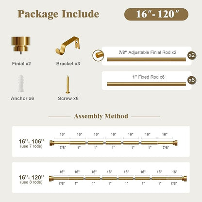 Oneach Heavy Duty Curtain Rods for Windows 66 to 120 Inch, 1 Inch Brass Gold Curtain Rod, Adjustable Length Rod with Metal Finials, Modern Decorative for Bedroom Kitchen Living Room (16 to 120 Inch)