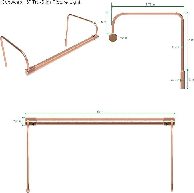 Cocoweb 16 Inch Tru-Slim Copper Picture Light - LED, 2700K, Adjustable Arm, Plug-in, Toggle Switch, Sleek and Compact Design
