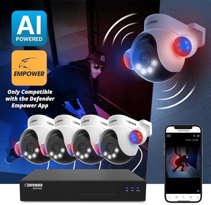Defender AI Powered Sentinel 4K Wired Security Camera System, 360° PTZ Security Camera System with AI Tracking, Smart Human Detection, Blue-Red Light Deterrence, and Color Night Vision | 4 Cameras 1TB