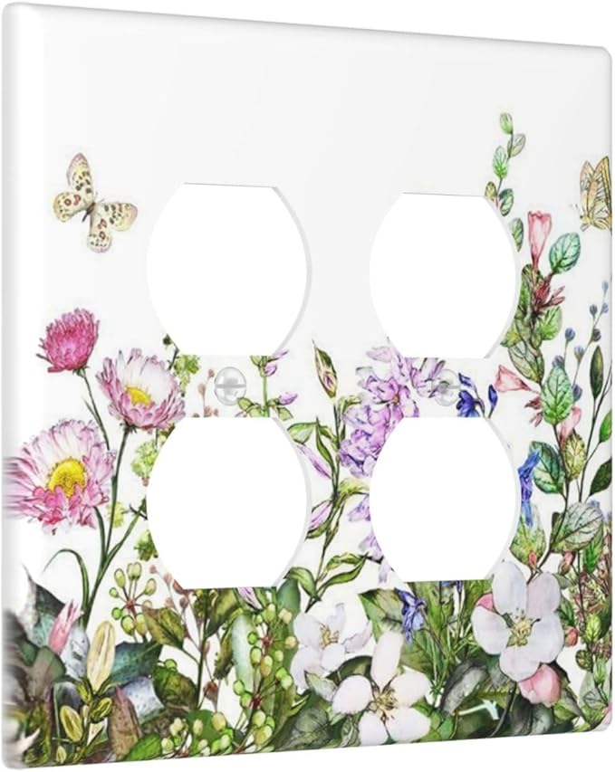 Decorative Outlet Covers Rustic Green Leaf Pink Flowers Butterfly 2 Gang Wall Plate Cover Double Duplex Receptacle Two Switch Light Switch Cover Plate Jumbo Faceplate for Home Decor