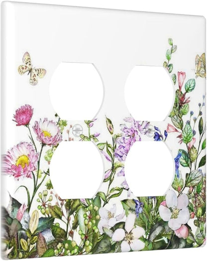 Decorative Outlet Covers Rustic Green Leaf Pink Flowers Butterfly 2 Gang Wall Plate Cover Double Duplex Receptacle Two Switch Light Switch Cover Plate Jumbo Faceplate for Home Decor