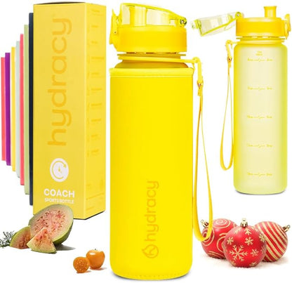Hydracy Water Bottle with Time Marker -Large BPA Free Water Bottle & No Sweat Sleeve -Leak Proof Gym Bottle with Fruit Infuser Strainer & Times to Drink -Ideal for Fitness Sports & Outdoors