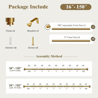 Oneach Heavy Duty Curtain Rods for Windows 72 to 144 Inch, 1 Inch Brass Gold Curtain Rod, Adjustable Length Rod with Metal Finials, Modern Decorative for Bedroom Kitchen Living Room (16 to 150 Inch)