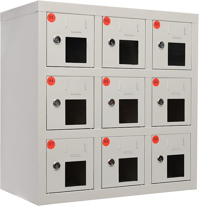9 Door Cell Phone Locker with Charging Station, Rechargeable Mobile Device Phones Storage Cabinet with Anti-Interlocking Lock for Office Classroom Hotel (9 Slots)