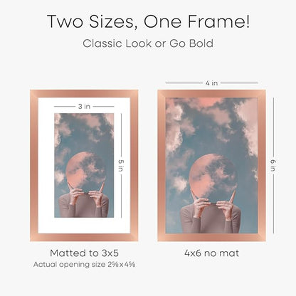 Homeforia Rose Gold 4x6 Picture Frame, High End Metal 4 x 6 Frames with Mat 3 x 5 for Print, 4by6 Desk Frame Matted to 3x5 inch Photo, 4 by 6 Wall or Tabletop Frame, Tempered Glass, Wall Kit, Set of 1