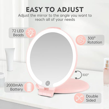 FUNTOUCH Travel Mirror with Light, 10X 1X Double Sided Magnification Rechargeable Mirror for Women Girls with 3 Color Setting Adjustable Rotation LED Vanity, Pink