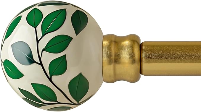 Gold Curtain Rods for Windows 72 to 144 Inches Adjustable Length Heavy Duty 1" Diameter Green Ceramic Window Curtain Rod with Modern Leaf Pattern Decorative Finials for Bedroom Living Room Kitchen