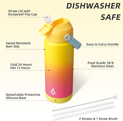 BJPKPK Insulated Water Bottle with Straw Lid, 18oz Thermo Water Bottles with Soft Nozzle, Flex Handle & Non-slip Boot, BPA Free Leak Proof Stainless Steel Metal Thermo, Tumblers, Cups,Rainbow