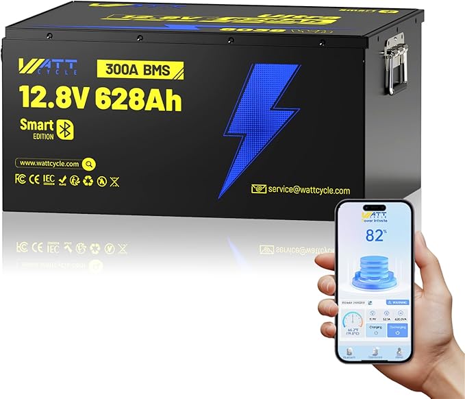 WattCycle 12V 628Ah LiFePO₄ Battery, Lithium Battery 12V 300A BMS, Lithium RV Batteries Built-in Bluetooth, IP65 Waterproof, 8038Wh Energy Storage, Perfect for Home Energy, RV, Marine, Solar, Off-Grid
